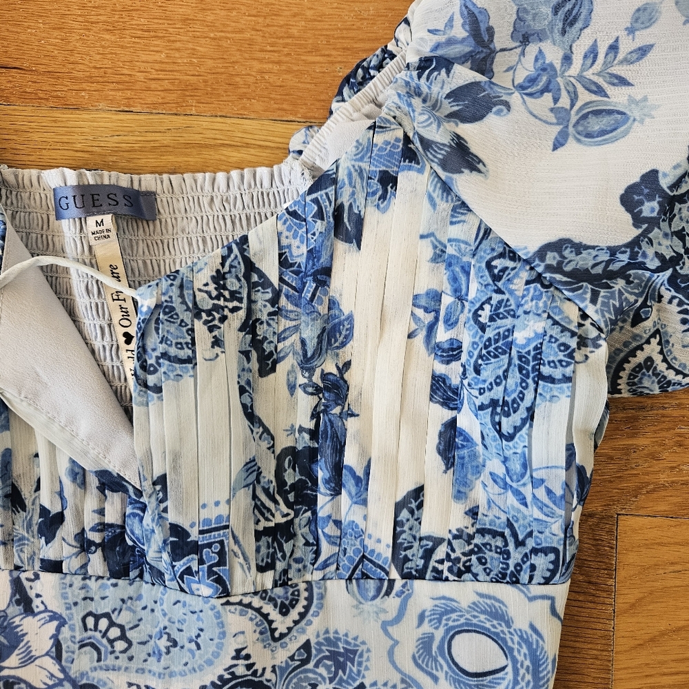 GUESS Blue Floral Dress Puff Sleeve  Size M - Picture 8 of 15